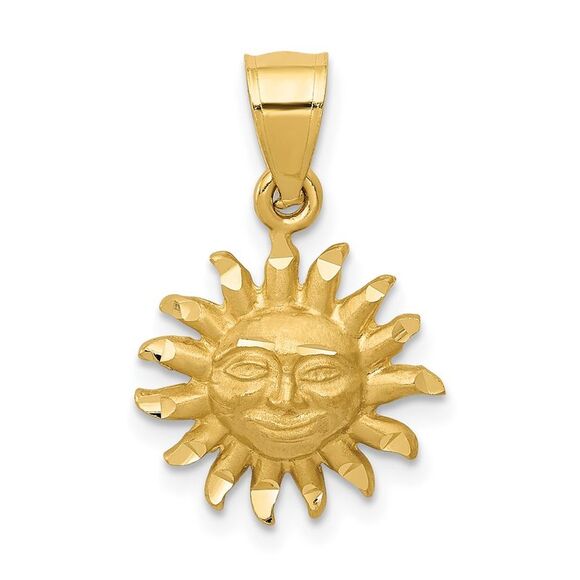 14k Yellow Gold Satin & Diamond Cut Smiling 2D Sun Pendant 14mm